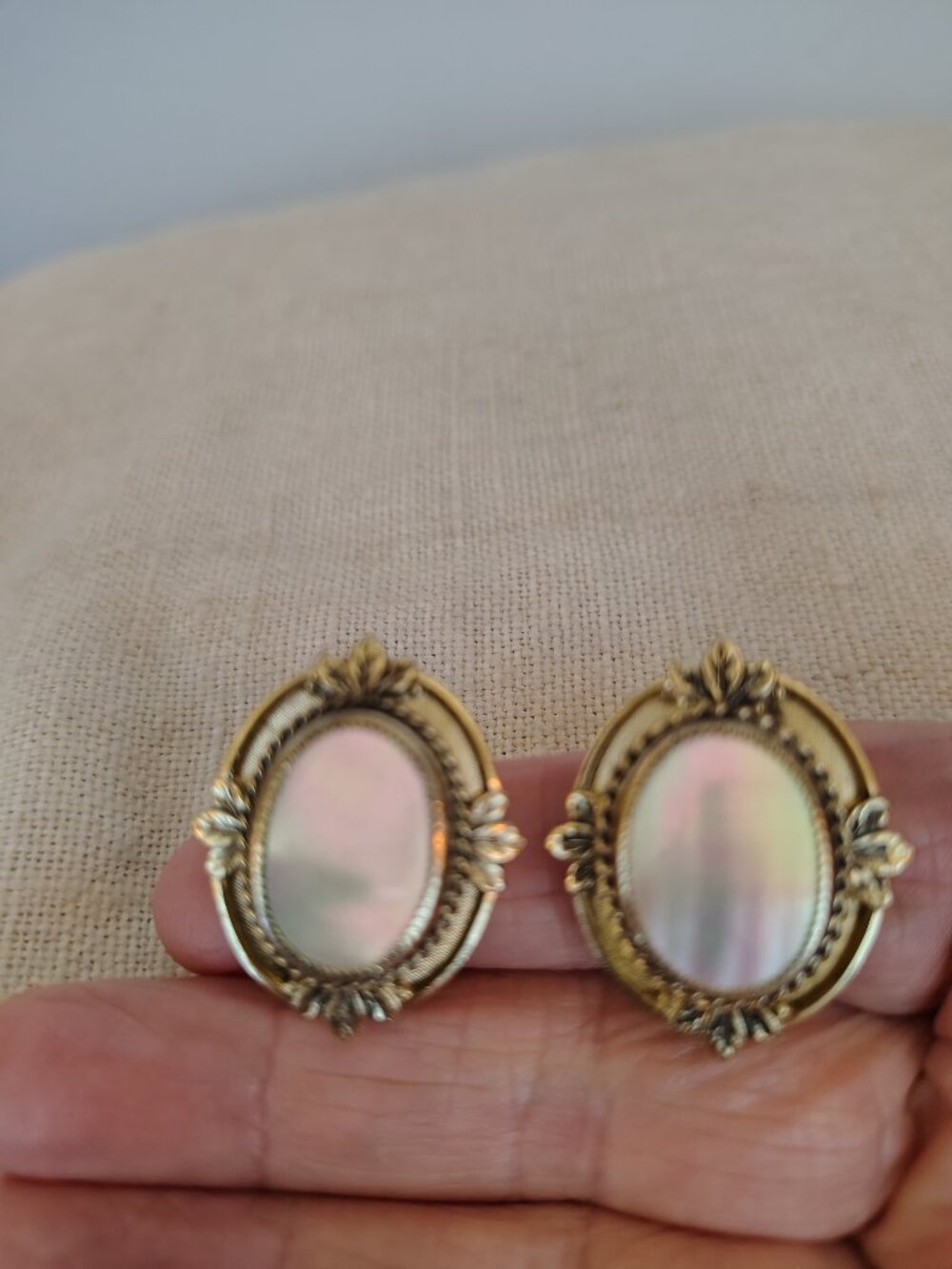 Whiting & Davis Vintage Mother of Pearl oval clip on Earrings